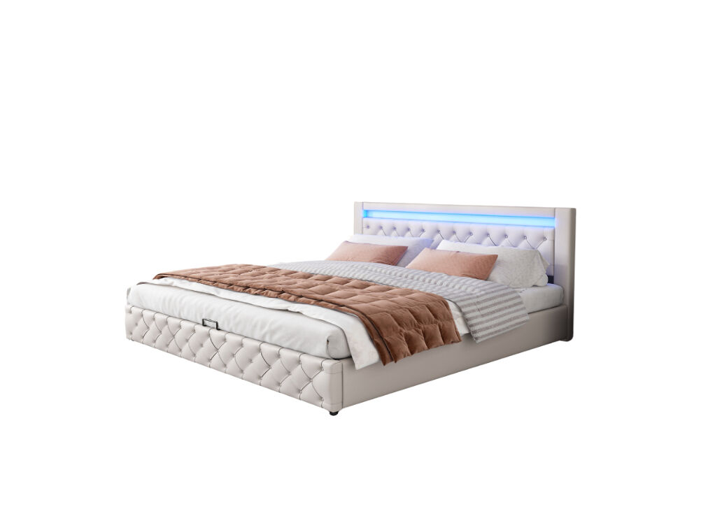 Cama de matrimonio de poliuretano 160x200cm con almacenaje y luz led,blanco