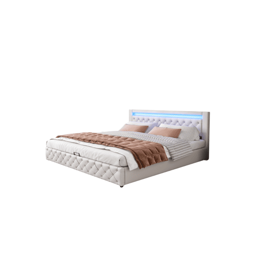 Cama de casal de pu 160x200cm com armazenamento e luz LED,branco
