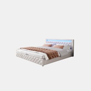 Cama de casal de pu 160x200cm com armazenamento e luz LED,branco