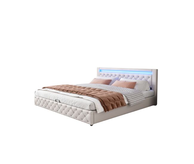 Cama de matrimonio de poliuretano 160x200cm con almacenaje y luz led,blanco