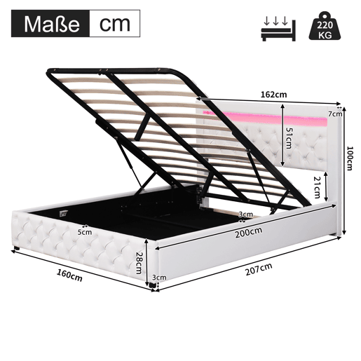 Cama de casal de pu 160x200cm com armazenamento e luz LED,branco