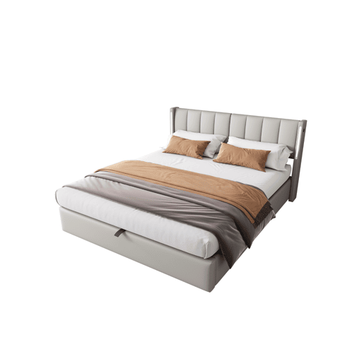 Cama de casal de pu 160x200cm com armazenamento,luz LED,cinzento