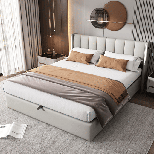 Cama de casal de pu 160x200cm com armazenamento,luz LED,cinzento