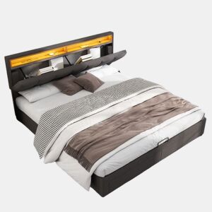 Cama de casal de linho 160x200cm com armazenamento,2 gavetas e luz LED,cinzento