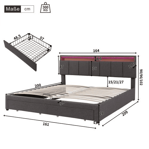 Cama de casal de linho 160x200cm com armazenamento,2 gavetas e luz LED,cinzento