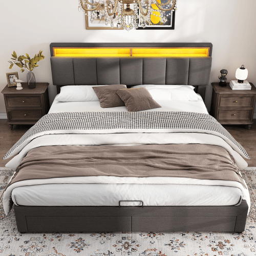 Cama de casal de linho 160x200cm com armazenamento,2 gavetas e luz LED,cinzento