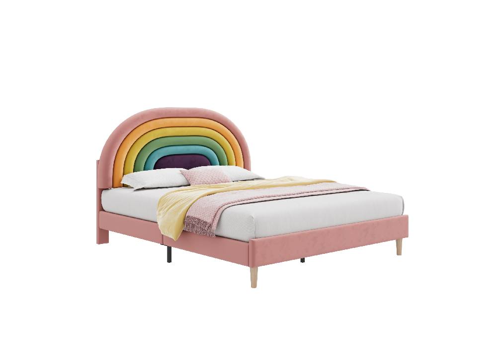 Cama juvenil de terciopelo 140x200cm con cabecera de altura ajustable,en forma de arcoiris,rosa