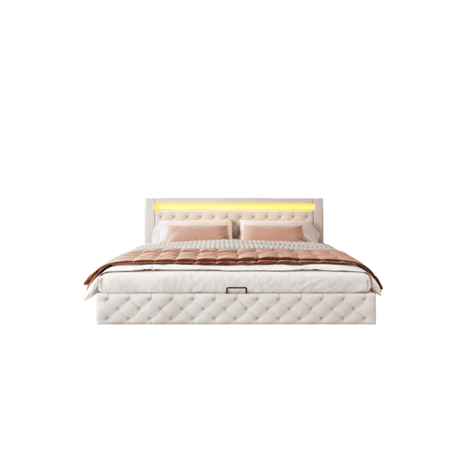 Cama de casal de pu 180x200cm com armazenamento e luz LED,branco