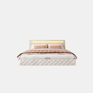 Cama de casal de pu 180x200cm com armazenamento e luz LED,branco