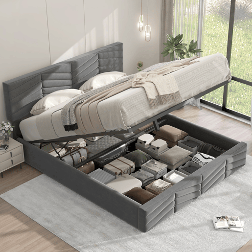 Cama de casal de veludo 140x190cm com armazenamento,cinzento