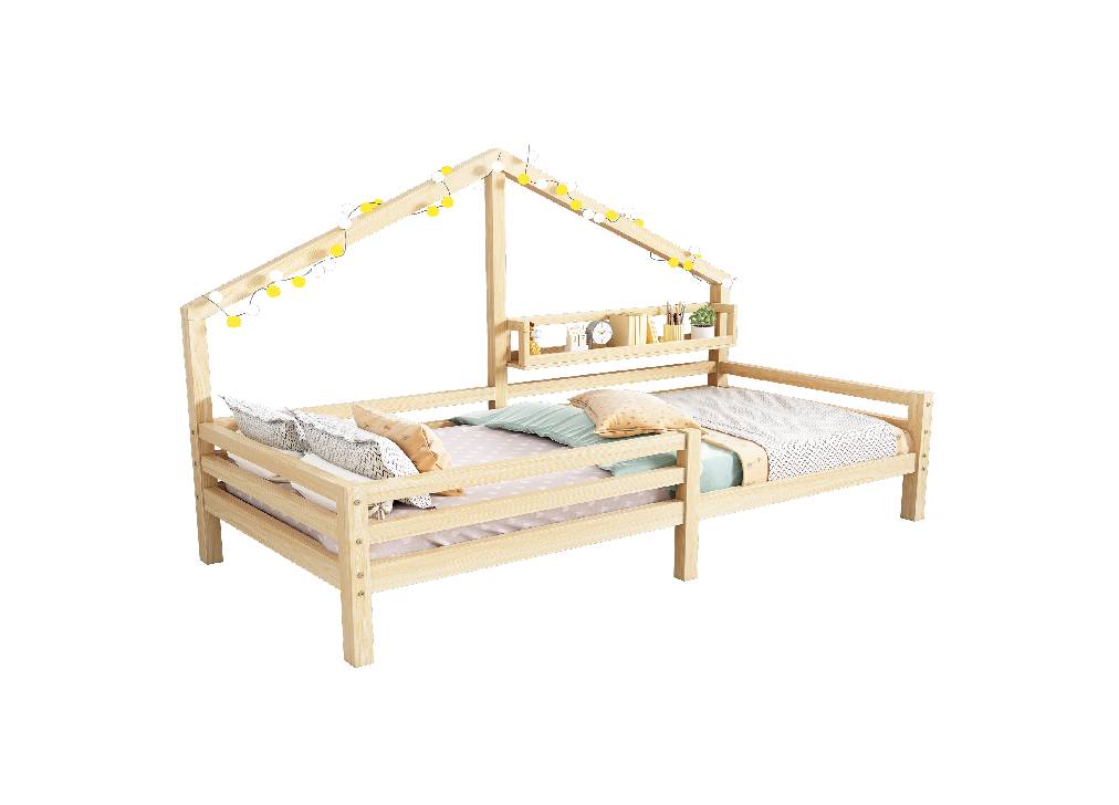 Cama infantil,cama cabaña de madera de pino 90x200cm con protección contra caídas,en forma de chimenea,natural
