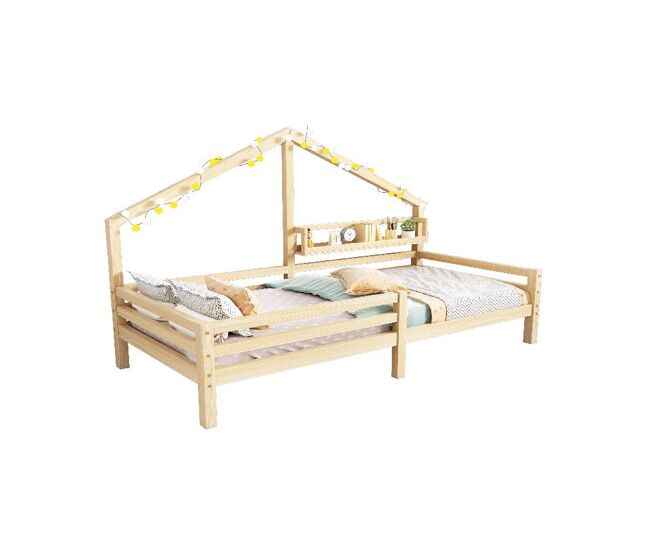 Cama infantil,cama cabaña de madera de pino 90x200cm con protección contra caídas,en forma de chimenea,natural