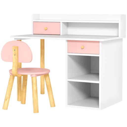 AIYAPLAY Conjunto de Secretária e Cadeira para Crianças acima de 3 Anos Mesa de Estudo com Prateleiras para Livros e Gaveta de Arrumação Carga 80 kg 85x48x73 Rosa e Branco