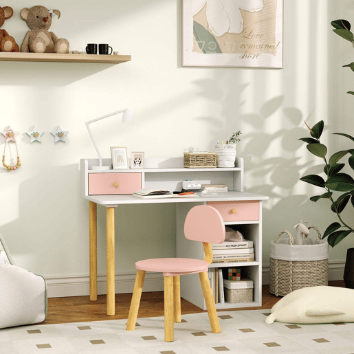 AIYAPLAY Conjunto de Secretária e Cadeira para Crianças acima de 3 Anos Mesa de Estudo com Prateleiras para Livros e Gaveta de Arrumação Carga 80 kg 85x48x73 Rosa e Branco