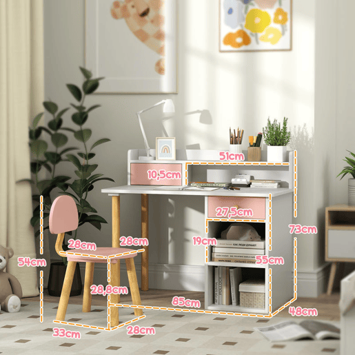 AIYAPLAY Conjunto de Secretária e Cadeira para Crianças acima de 3 Anos Mesa de Estudo com Prateleiras para Livros e Gaveta de Arrumação Carga 80 kg 85x48x73 Rosa e Branco