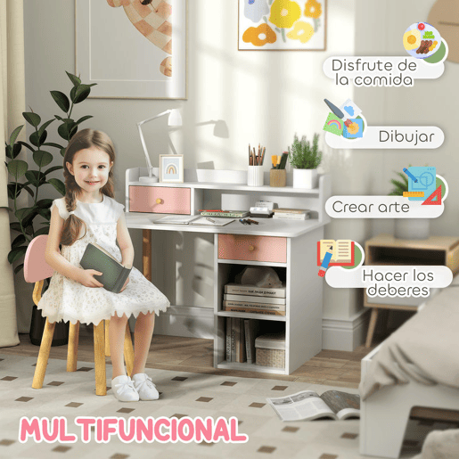 AIYAPLAY Conjunto de Secretária e Cadeira para Crianças acima de 3 Anos Mesa de Estudo com Prateleiras para Livros e Gaveta de Arrumação Carga 80 kg 85x48x73 Rosa e Branco