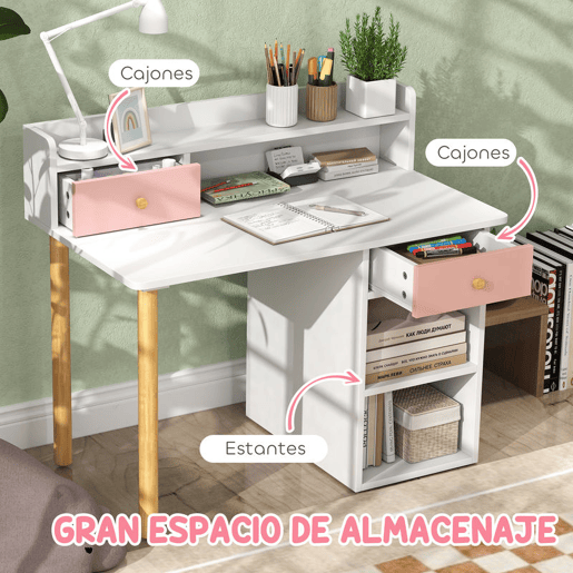 AIYAPLAY Conjunto de Secretária e Cadeira para Crianças acima de 3 Anos Mesa de Estudo com Prateleiras para Livros e Gaveta de Arrumação Carga 80 kg 85x48x73 Rosa e Branco