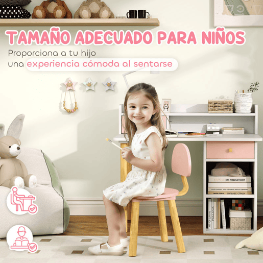 AIYAPLAY Conjunto de Secretária e Cadeira para Crianças acima de 3 Anos Mesa de Estudo com Prateleiras para Livros e Gaveta de Arrumação Carga 80 kg 85x48x73 Rosa e Branco