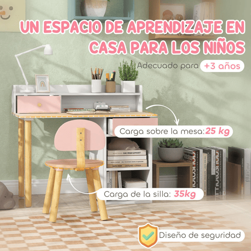 AIYAPLAY Conjunto de Secretária e Cadeira para Crianças acima de 3 Anos Mesa de Estudo com Prateleiras para Livros e Gaveta de Arrumação Carga 80 kg 85x48x73 Rosa e Branco