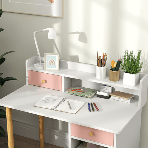 AIYAPLAY Conjunto de Secretária e Cadeira para Crianças acima de 3 Anos Mesa de Estudo com Prateleiras para Livros e Gaveta de Arrumação Carga 80 kg 85x48x73 Rosa e Branco