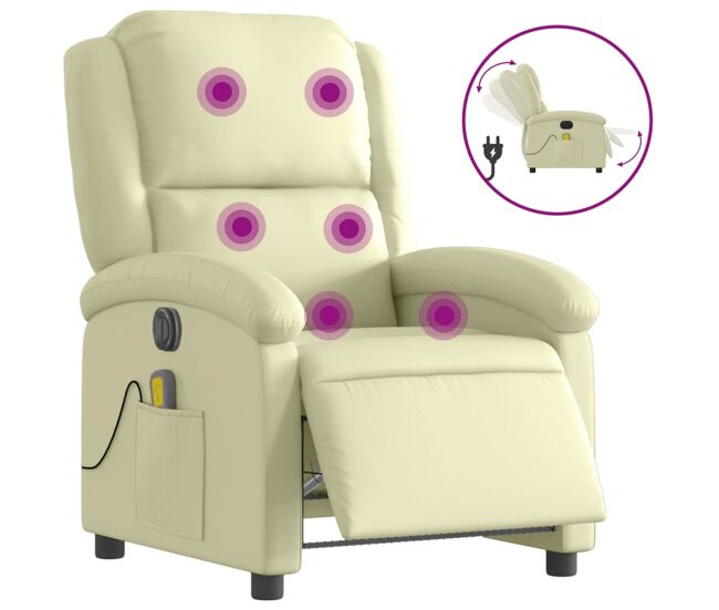 Vidaxl sillón reclinable de masaje eléctrico cuero auténtico crema