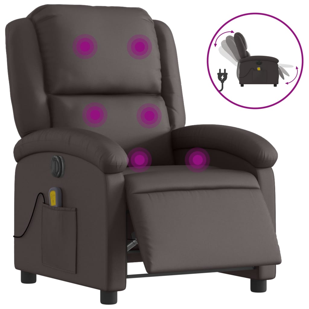 Vidaxl sillón de masaje eléctrico cuero auténtico marrón oscuro