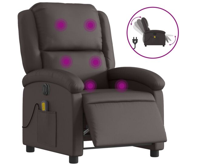 Vidaxl sillón de masaje eléctrico cuero auténtico marrón oscuro