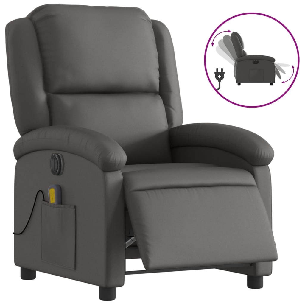Vidaxl sillón reclinable eléctrico de cuero auténtico gris