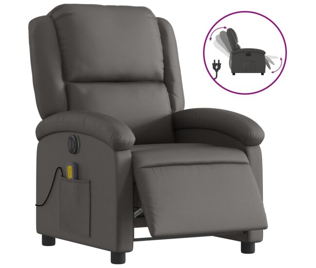 Vidaxl sillón reclinable eléctrico de cuero auténtico gris