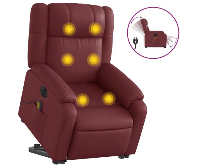Vidaxl sillón de masaje elevable eléctrico cuero artificial rojo tinto