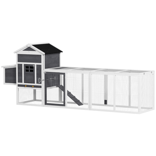 PawHut Galinheiro Grande para Exterior em Madeira, 297,5x68x118 cm para 3-6 Galinhas, Galinheiro com Ninho, Abrigo, Bandeja Removível, Telhado Asfáltico, Rampa, Porta com Fechadura, Coelheira, Cinzento e Branco