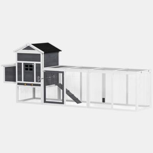 PawHut Galinheiro Grande para Exterior em Madeira, 297,5x68x118 cm para 3-6 Galinhas, Galinheiro com Ninho, Abrigo, Bandeja Removível, Telhado Asfáltico, Rampa, Porta com Fechadura, Coelheira, Cinzento e Branco