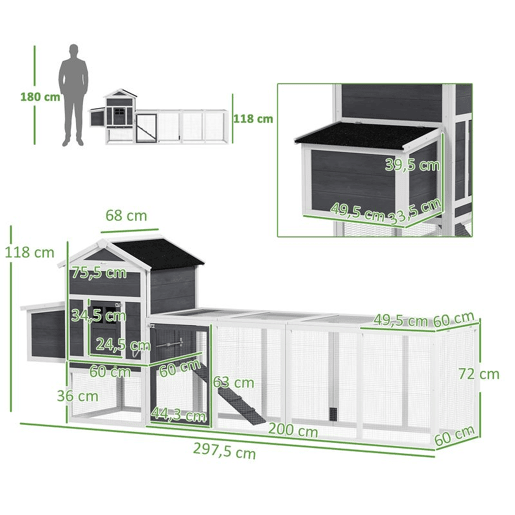 PawHut Galinheiro Grande para Exterior em Madeira, 297,5x68x118 cm para 3-6 Galinhas, Galinheiro com Ninho, Abrigo, Bandeja Removível, Telhado Asfáltico, Rampa, Porta com Fechadura, Coelheira, Cinzento e Branco