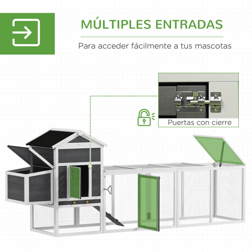PawHut Galinheiro Grande para Exterior em Madeira, 297,5x68x118 cm para 3-6 Galinhas, Galinheiro com Ninho, Abrigo, Bandeja Removível, Telhado Asfáltico, Rampa, Porta com Fechadura, Coelheira, Cinzento e Branco