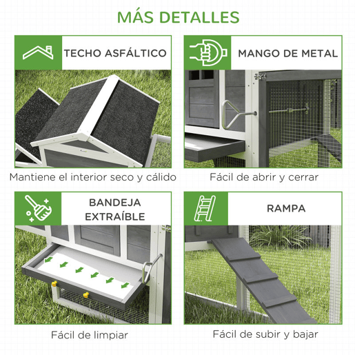 PawHut Galinheiro Grande para Exterior em Madeira, 297,5x68x118 cm para 3-6 Galinhas, Galinheiro com Ninho, Abrigo, Bandeja Removível, Telhado Asfáltico, Rampa, Porta com Fechadura, Coelheira, Cinzento e Branco