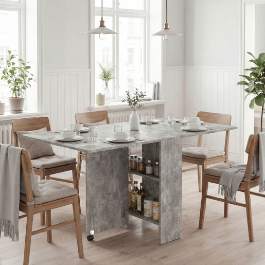 HOMCOM Mesa de Sala de Jantar Dobrável Mesa de Madeira com 2 Prateleiras de Armazenamento e Rodas para Cozinha 75x140x74 cm Cinza