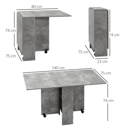 HOMCOM Mesa de Sala de Jantar Dobrável Mesa de Madeira com 2 Prateleiras de Armazenamento e Rodas para Cozinha 75x140x74 cm Cinza