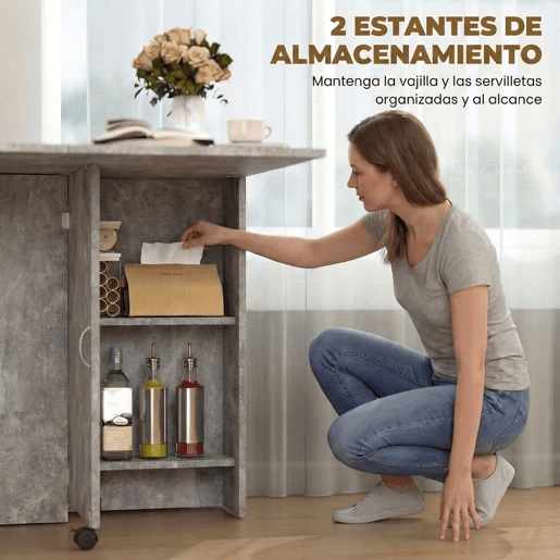 HOMCOM Mesa de Sala de Jantar Dobrável Mesa de Madeira com 2 Prateleiras de Armazenamento e Rodas para Cozinha 75x140x74 cm Cinza