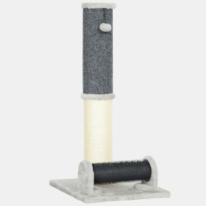 PawHut Arranhador para Gatos 85 cm Arranhador para Gatos com Poste de Sisal Escova de Auto Higiene e Bola Suspensa Cinza e Creme