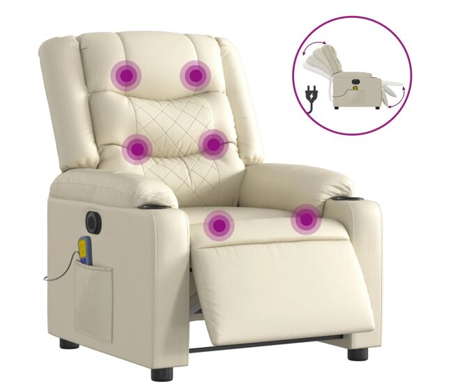Vidaxl sillón de masaje reclinable eléctrico cuero sintético crema