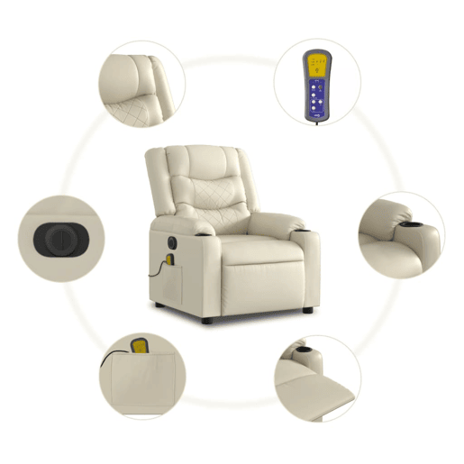 vidaXL Poltrona massagens reclinável elétrica couro artificial creme