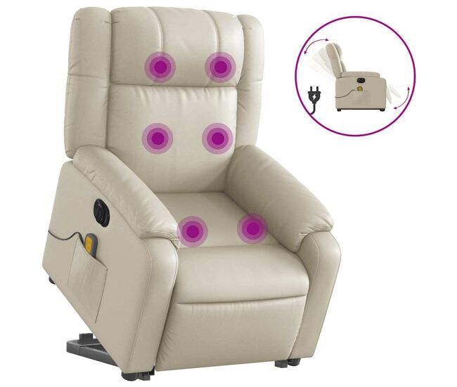 Vidaxl sillón de masaje elevable eléctrico cuero sintético crema
