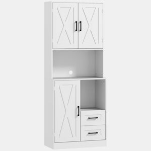 HOMCOM Armário de Cozinha Rústico Armário Alto de Cozinha com Portas Compartimentos Abertos Gavetas e Prateleiras Ajustáveis Anti-Tombo para Sala de Jantar 70x40x180 cm Branco