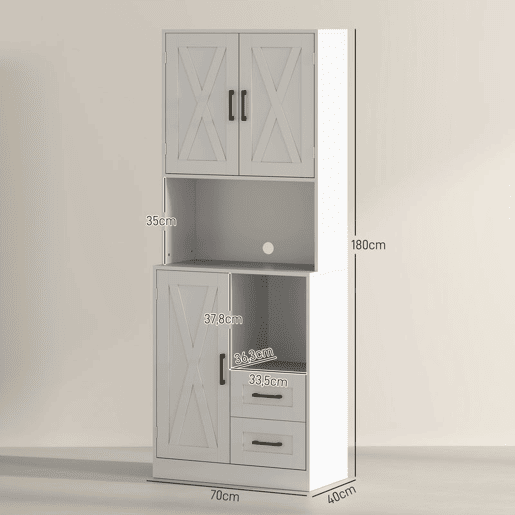 HOMCOM Armário de Cozinha Rústico Armário Alto de Cozinha com Portas Compartimentos Abertos Gavetas e Prateleiras Ajustáveis Anti-Tombo para Sala de Jantar 70x40x180 cm Branco