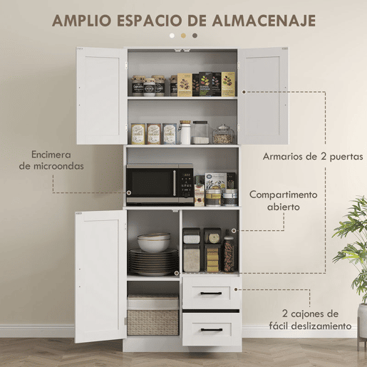 HOMCOM Armário de Cozinha Rústico Armário Alto de Cozinha com Portas Compartimentos Abertos Gavetas e Prateleiras Ajustáveis Anti-Tombo para Sala de Jantar 70x40x180 cm Branco
