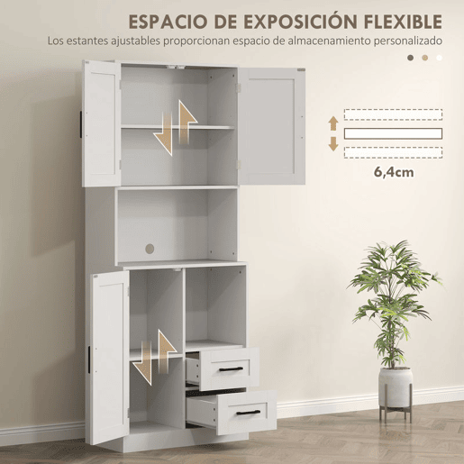 HOMCOM Armário de Cozinha Rústico Armário Alto de Cozinha com Portas Compartimentos Abertos Gavetas e Prateleiras Ajustáveis Anti-Tombo para Sala de Jantar 70x40x180 cm Branco