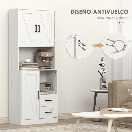 HOMCOM Armário de Cozinha Rústico Armário Alto de Cozinha com Portas Compartimentos Abertos Gavetas e Prateleiras Ajustáveis Anti-Tombo para Sala de Jantar 70x40x180 cm Branco