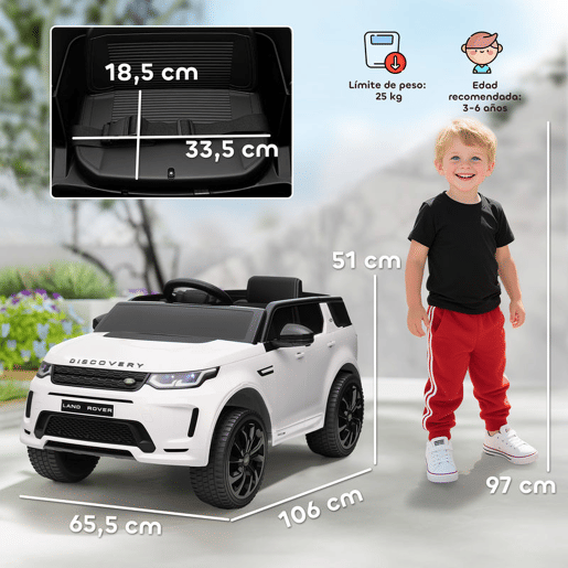 AIYAPLAY Carro Elétrico para Crianças acima de 3 Anos com Licença Land Rover Discovery Sport Carro Elétrico Infantil com Bateria 12V Controlo Remoto Faróis Buzina e Música 106x65,5x51 cm Branco AIYAPLAY Carro Elétrico para Crianças acima de 3 Anos com Licença Land Rover Discovery Sport Carro Elétrico Infantil com Bateria 12V Controlo Remoto Faróis Buzina e Música 106x65,5x51 cm Branco