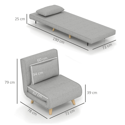 HOMCOM Poltrona 2 em 1 Sofá Cama Individual Dobrável com Encosto Ajustável e Almofada para Sala de Estar Dormitório Escritório Carga 150 kg 72x78x79 cm Cinza