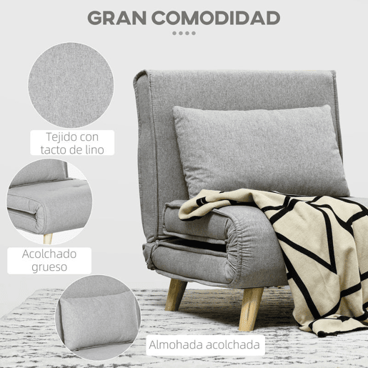 HOMCOM Poltrona 2 em 1 Sofá Cama Individual Dobrável com Encosto Ajustável e Almofada para Sala de Estar Dormitório Escritório Carga 150 kg 72x78x79 cm Cinza